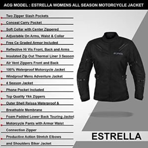 ALPHA CYCLE GEAR ALL SEASON WOMEN MOTORCYCLE JACKET WATERPROOF RIDING WITH CE ARMOUR (BLACK, LARGE)