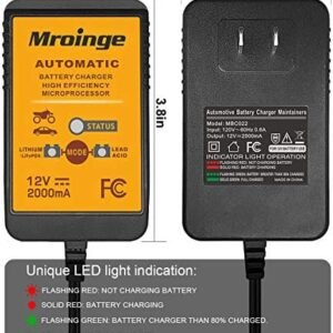 Mroinge MBC022, 12V 2A Lead Acid & Lithium(LiFePO4) Automatic Trickle Battery Charger Smart Battery Maintainer for Car Motorcycle Lawn Mower Boat ATV SLA AGM Gel Lithium(LiFePO4) and More Batteries