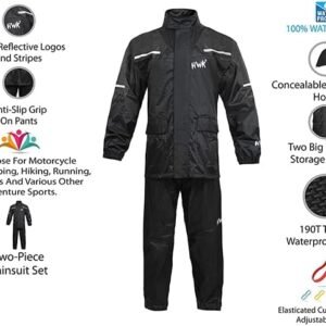 HWK Motorcycle Rain Suit for Men and Women, Two-Piece Waterproof Motorcycle Rain Gear with Reflective Rain Jacket and Rain Pants for Weatherproof All-Season Riding, Black, X-Large